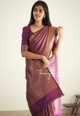 purple silk blend banarasi saree with unstitched blouse piece 2