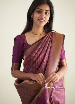 purple silk blend banarasi saree with unstitched blouse piece 4