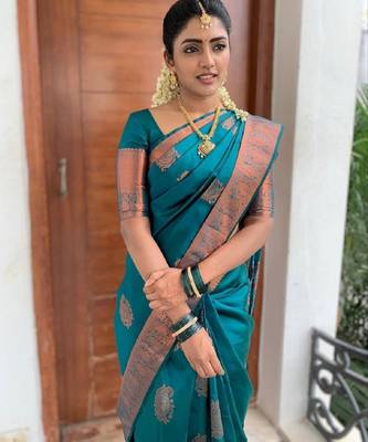 rama silk blend banarasi saree with unstitched blouse piece 1