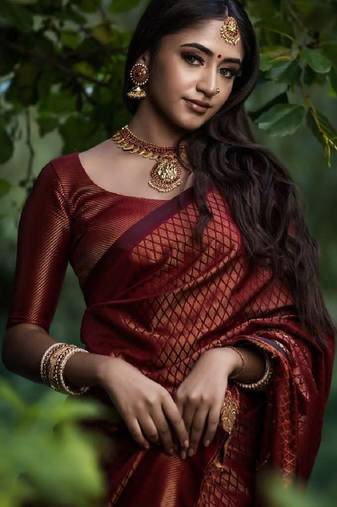 maroon soft art silk banarasi jacuard work designer party wear saree with unstitched blouse piece