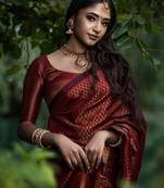 maroon soft art silk banarasi jacuard work designer party wear saree with unstitched blouse piece