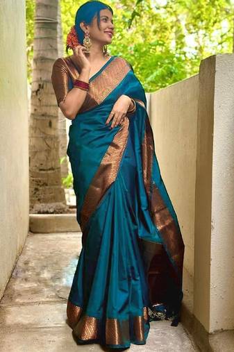 morpich soft art silk banarasi jacuard work designer party wear saree with unstitched blouse piece