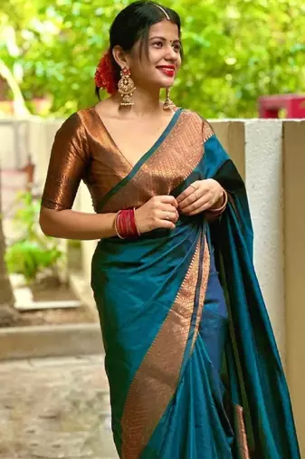 morpich soft art silk banarasi jacuard work designer party wear saree with unstitched blouse piece