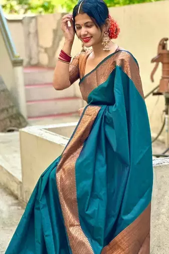 morpich soft art silk banarasi jacuard work designer party wear saree with unstitched blouse piece