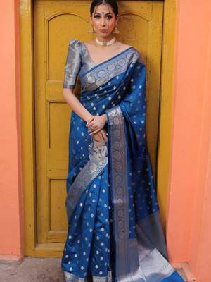 rama silk blend banarasi saree with unstitched blouse piece 1