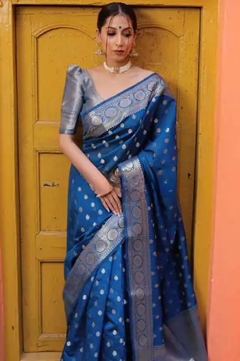 rama silk blend banarasi saree with unstitched blouse piece
