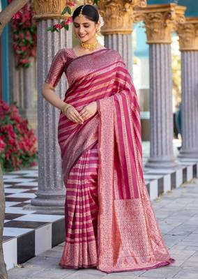 pink silk blend banarasi saree with unstitched blouse piece 2