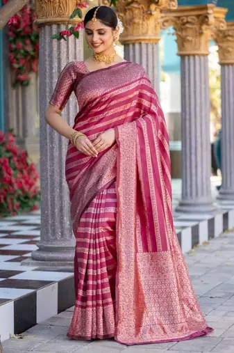 pink silk blend banarasi saree with unstitched blouse piece