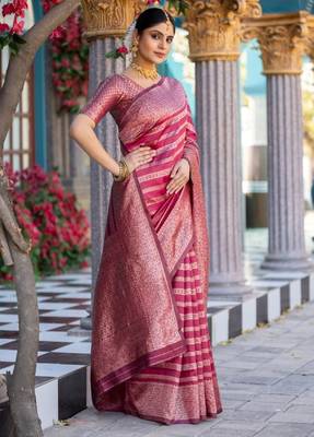 pink silk blend banarasi saree with unstitched blouse piece 1