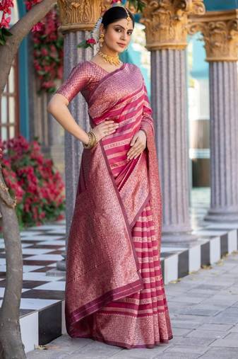 pink soft art silk banarasi jacuard work designer party wear saree with unstitched blouse piece
