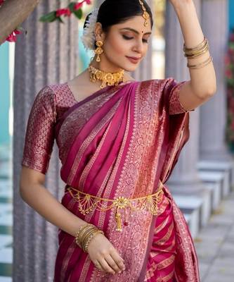pink silk blend banarasi saree with unstitched blouse piece 4