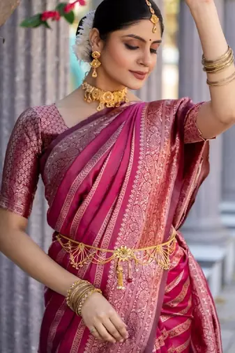 pink silk blend banarasi saree with unstitched blouse piece