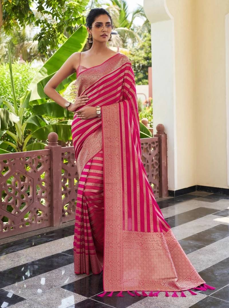 pink soft art silk banarasi jacuard work designer party wear saree with unstitched blouse piece