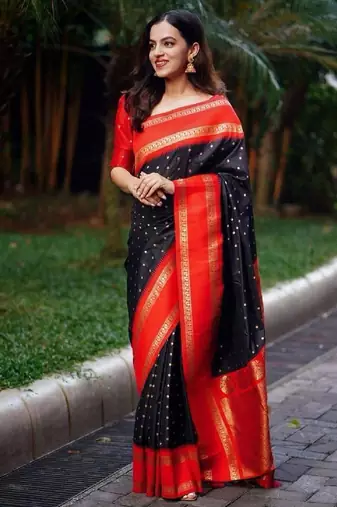 black red silk blend banarasi saree with unstitched blouse piece