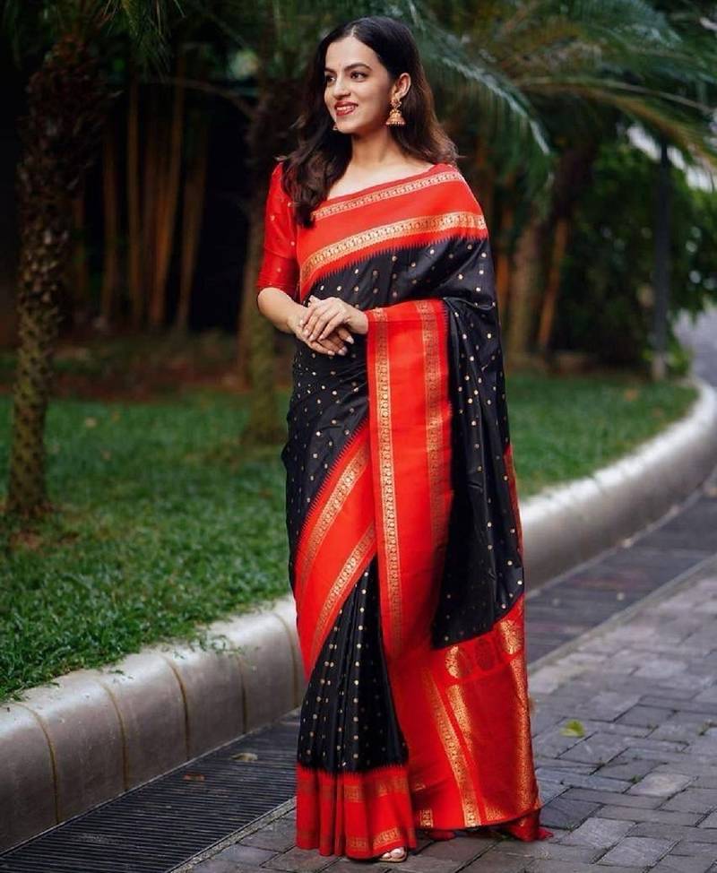 black red  soft art silk banarasi jacuard work designer party wear saree with unstitched blouse piece