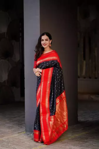 black red silk blend banarasi saree with unstitched blouse piece