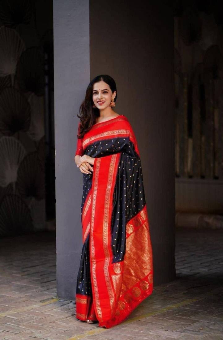 black red  soft art silk blend banarasi jacuard work designer party wear saree with unstitched blouse piece