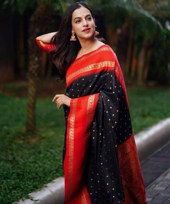 black red silk blend banarasi saree with unstitched blouse piece 1
