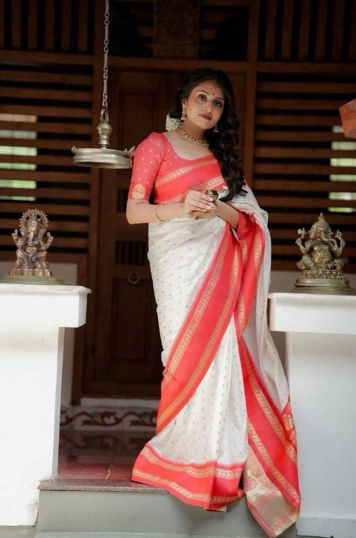 white red  soft art silk banarasi jacuard work designer party wear saree with unstitched blouse piece