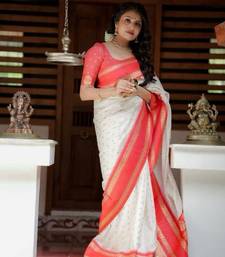 white red silk blend banarasi saree with unstitched blouse piece