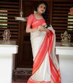 white red  soft art silk banarasi jacuard work designer party wear saree with unstitched blouse piece
