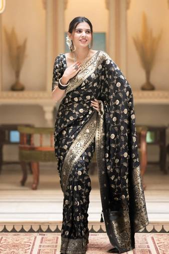 black  soft art silk banarasi jacuard work designer party wear saree with unstitched blouse piece
