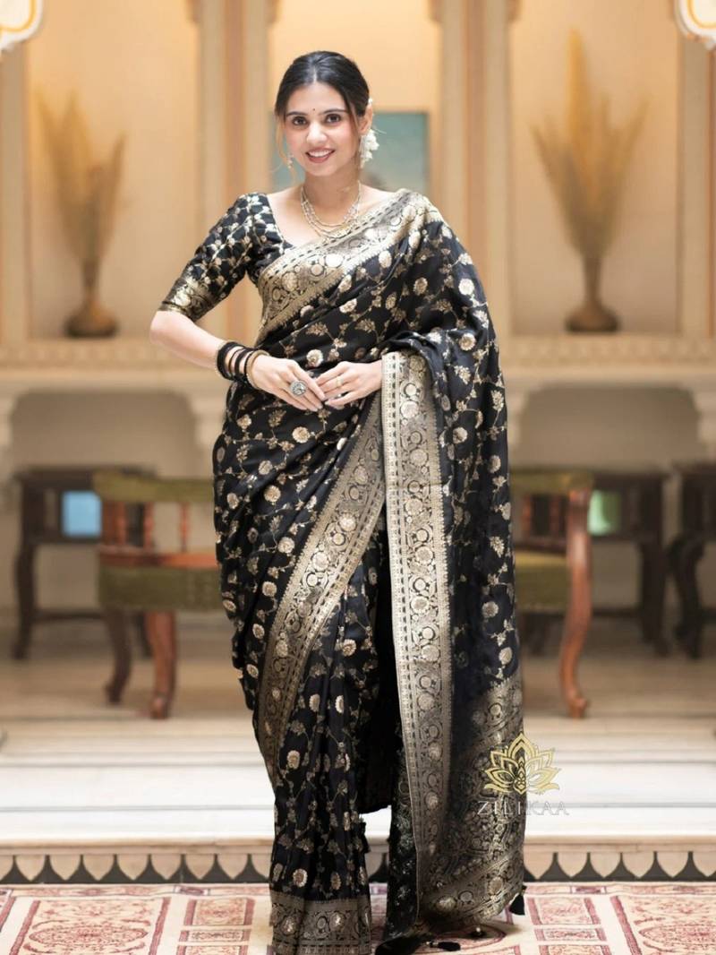 black  soft art silk banarasi jacuard work designer party wear saree with unstitched blouse piece