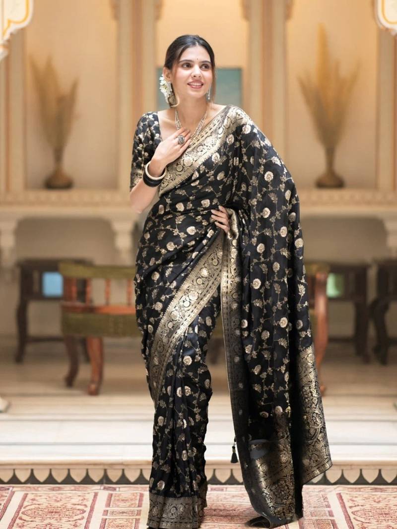 black  soft art silk banarasi jacuard work designer party wear saree with unstitched blouse piece