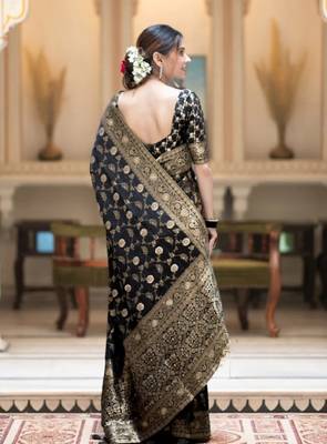 black silk blend banarasi saree with unstitched blouse piece 2