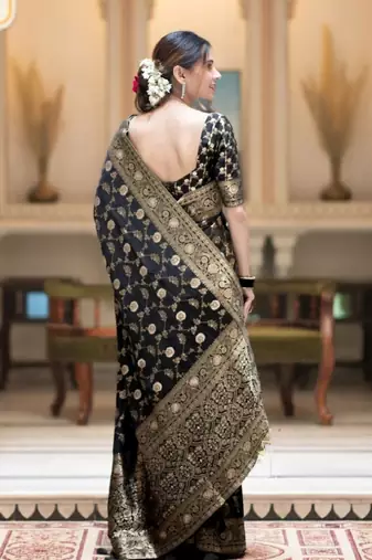 black silk blend banarasi saree with unstitched blouse piece