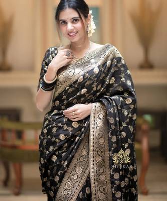 black silk blend banarasi saree with unstitched blouse piece 3