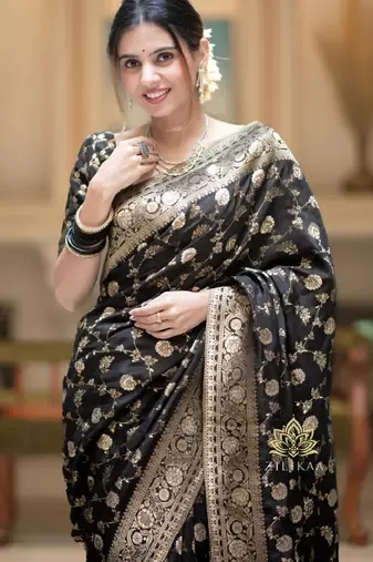 black silk blend banarasi saree with unstitched blouse piece