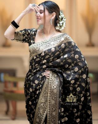 black silk blend banarasi saree with unstitched blouse piece 4