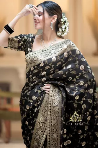 black silk blend banarasi saree with unstitched blouse piece