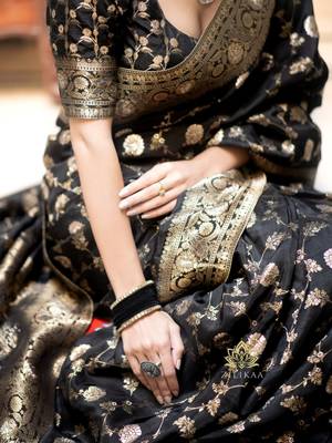 black silk blend banarasi saree with unstitched blouse piece 5