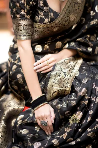 black silk blend banarasi saree with unstitched blouse piece