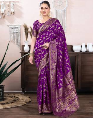 purple silk blend banarasi saree with unstitched blouse piece 1