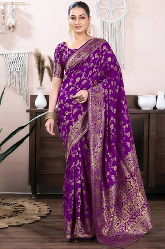 purple  soft art silk banarasi jacuard work designer party wear saree with unstitched blouse piece