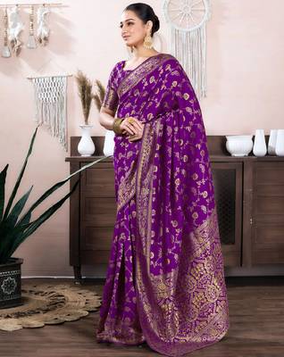 purple silk blend banarasi saree with unstitched blouse piece 2