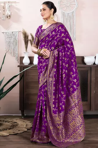 purple silk blend banarasi saree with unstitched blouse piece