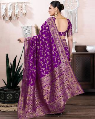 purple silk blend banarasi saree with unstitched blouse piece 3