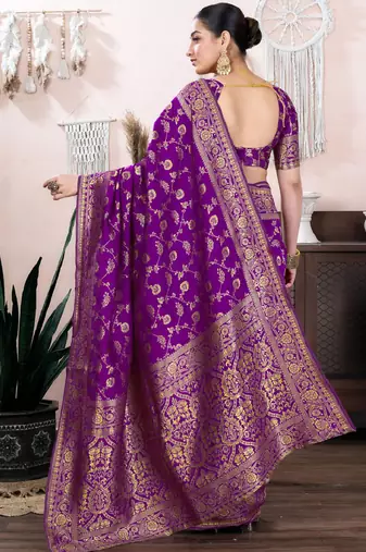 purple silk blend banarasi saree with unstitched blouse piece