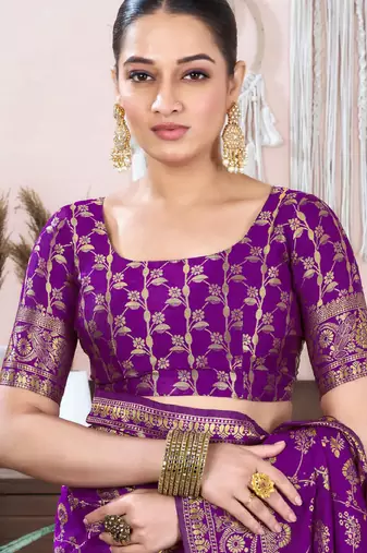 purple silk blend banarasi saree with unstitched blouse piece