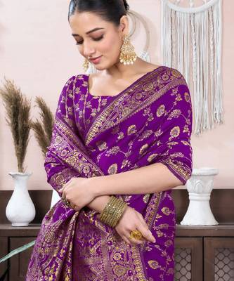 purple silk blend banarasi saree with unstitched blouse piece 5