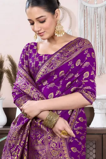 purple silk blend banarasi saree with unstitched blouse piece