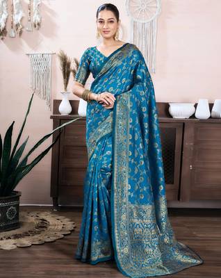 rama silk blend banarasi saree with unstitched blouse piece 1