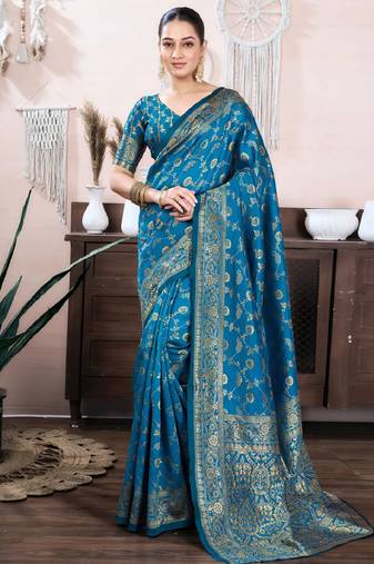 rama soft art silk banarasi jacuard work designer party wear saree with unstitched blouse piece