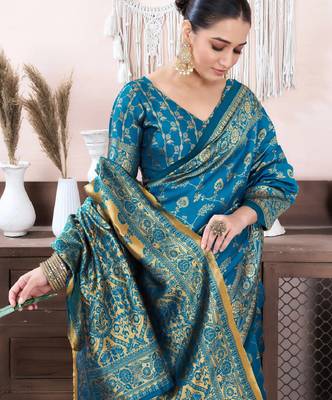 rama silk blend banarasi saree with unstitched blouse piece 2