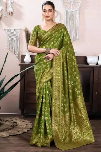 mehendi soft art silk banarasi jacuard work designer party wear saree with unstitched blouse piece