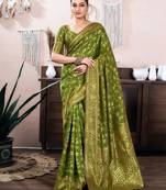 mehendi soft art silk banarasi jacuard work designer party wear saree with unstitched blouse piece